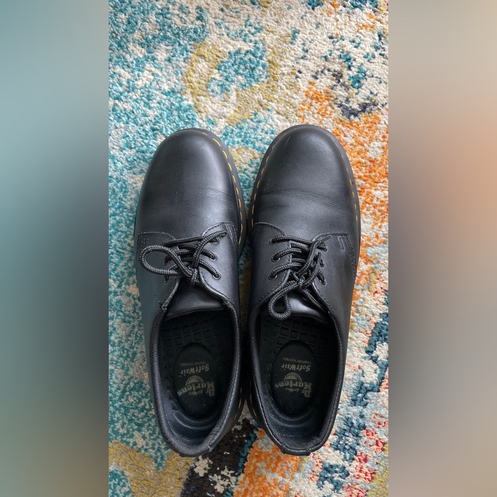 Dr. Martens Black Leather Oxfords with Yellow Stitching